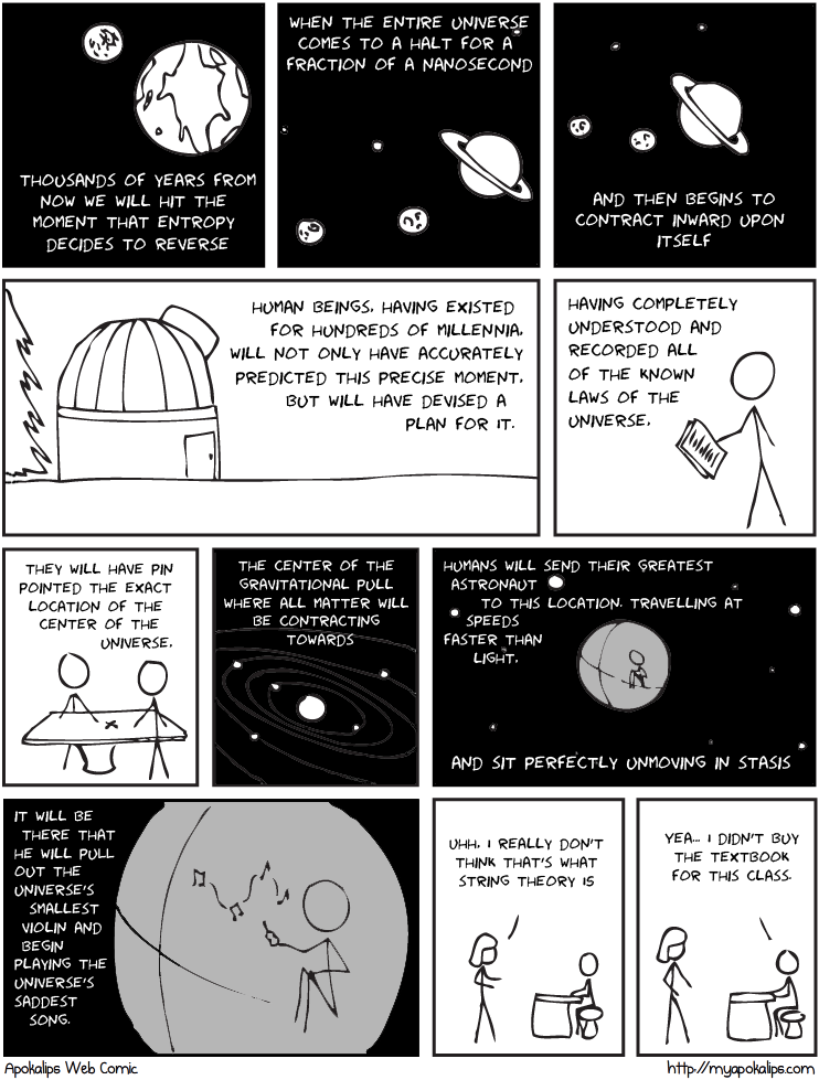 Yes, this grossly contends with Asimov's The Last Question. I feel like this compensates by giving a description of string theory that someone other than Michio Kaku understands.