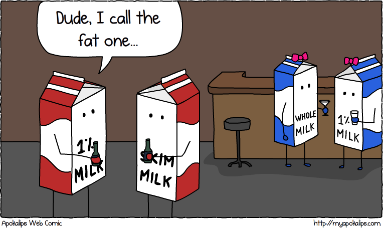 I had another version where it was a 1% milk carton waking up hung over next to a whole milk carton and he says "please tell me we didn't..." but no one liked it.