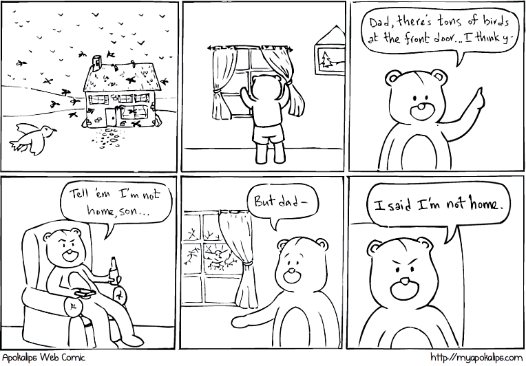 I really am incredibly lazy but finally finished a cartoon request from the caption contest (Anfro) regarding Alfred Hitchcock movies and bears!